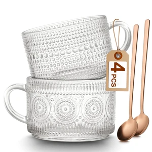 Vintage Coffee Mugs Set of 2, 14 oz Embossed Glass Cups with Handle, Clear Cups for Cappuccino, Latte, Cereal, Yogurt, Milk, Hot or Cold Beverages Vintage Coffee Mugs Set of 2, 14 oz Embossed Glass Cups with Handle, Clear Cups for Cappuccino, Latte, Cereal, Yogurt, Milk, Hot or Cold Beverages