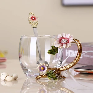 Enamel Sunflower Crystal Lead-Free Glass Tea Cup with Spoon Set, Present for The Christmas, Valentine's Day.Best Present for Mother, Grandma, Girlfriend, Sister. Enamel Sunflower Crystal Lead-Free Glass Tea Cup with Spoon Set, Present for The Christmas, Valentine's Day.Best Present for Mother, Grandma, Girlfriend, Sister.