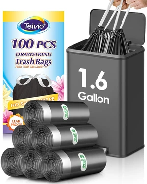 1.6 Gallon 100 Counts Small Drawstring Trash Bags by Teivio, Fit1.2,1.3,1.5 Gallon Bathroom Trash Can Bin Liners, 5-6 Liter Small Plastic Garbage Bags for home office kitchen, Black 1.6 Gallon 100 Counts Small Drawstring Trash Bags by Teivio, Fit1.2,1.3,1.5 Gallon Bathroom Trash Can Bin Liners, 5-6 Liter Small Plastic Garbage Bags for home office kitchen, Black