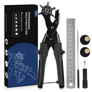 Leather Hole Punch for Belt, Revolving Punch Plier Kit, 6 Hole Sizes Double-lever Design, Sturdy & Durable, with 2 Extra Punch Plates, Locking Handles, for Leather, Paper, Crafting - Black Leather Hole Punch for Belt, Revolving Punch Plier Kit, 6 Hole Sizes Double-lever Design, Sturdy & Durable, with 2 Extra Punch Plates, Locking Handles, for Leather, Paper, Crafting - Black