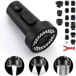 Kitchen Faucet Head Replacement Black, with 15 Adapters Plastic Pull Down Faucet Spray Head, 3 Modes Pull Out Kitchen Sink Sprayer Nozzle, Matte Black Kitchen Faucet Head Replacement Black, with 15 Adapters Plastic Pull Down Faucet Spray Head, 3 Modes Pull Out Kitchen Sink Sprayer Nozzle, Matte Black