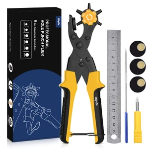 Leather Hole Puncher, Full Set Punch Tool Kits for Belts, Leather Double-lever Design, Locking Non-slip Handles, with 3 Extra Punch Plates, Multi-Size Quick Adjustment, for Leather - Yellow Leather Hole Puncher, Full Set Punch Tool Kits for Belts, Leather Double-lever Design, Locking Non-slip Handles, with 3 Extra Punch Plates, Multi-Size Quick Adjustment, for Leather - Yellow