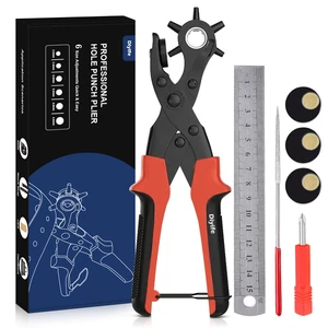 Leather Hole Puncher, Full Set Punch Tool Kits for Belts, Leather Double-lever Design, Sturdy & Durable, Safety Locking Handles, 3 Extra Punch Plates Included, 6-Size Quick Adjustment, Red Leather Hole Puncher, Full Set Punch Tool Kits for Belts, Leather Double-lever Design, Sturdy & Durable, Safety Locking Handles, 3 Extra Punch Plates Included, 6-Size Quick Adjustment, Red