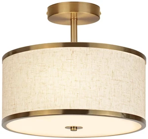 12.6 Inch Semi Flush Mount Ceiling Light, 3-Light Drum Lamp with Gold Brass Finish and Beige Shade, Ideal for Bedroom, Kitchen, Dining Room, Hallway, Entryway, and Foyer 12.6 Inch Semi Flush Mount Ceiling Light, 3-Light Drum Lamp with Gold Brass Finish and Beige Shade, Ideal for Bedroom, Kitchen, Dining Room, Hallway, Entryway, and Foyer