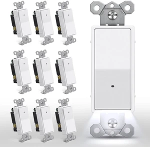 3-Way Illuminated Light Switch for Hallway, Bedroom, Bathroom, 10 Pack LED Night Light, Dusk to Dawn Automatic On/Off Sensor, 15A 120V, Decorator Rocker Paddle Interrupter, ETL Listed, White 3-Way Illuminated Light Switch for Hallway, Bedroom, Bathroom, 10 Pack LED Night Light, Dusk to Dawn Automatic On/Off Sensor, 15A 120V, Decorator Rocker Paddle Interrupter, ETL Listed, White
