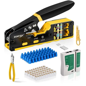 Ethernet Crimping Tool Kit RJ45 Crimp Tools,CAT5 Cat5e Cat6 RJ45 Crimping Tool Kit With Cable Tester, Mini Stripper, Blades,50Pcs Cat 6 Pass Through Connectors and Strain Relief Boots Ethernet Crimping Tool Kit RJ45 Crimp Tools,CAT5 Cat5e Cat6 RJ45 Crimping Tool Kit With Cable Tester, Mini Stripper, Blades,50Pcs Cat 6 Pass Through Connectors and Strain Relief Boots