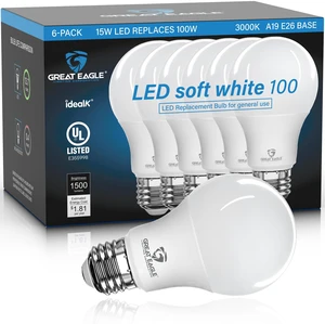 A19 LED Light Bulbs 100 Watt Equivalent - UL Listed - Soft White 3000K LED Light Bulbs, 15W Non-Dimmable, 1500 Lumens (6 Pack) A19 LED Light Bulbs 100 Watt Equivalent - UL Listed - Soft White 3000K LED Light Bulbs, 15W Non-Dimmable, 1500 Lumens (6 Pack)
