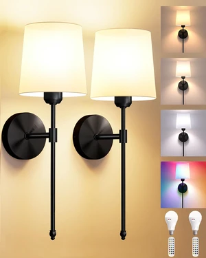 Battery Operated Wall Sconces Set of 2, Remote Control, RGB Bulb, Black Wireless Rechargeable Dimmable Wall Light with RGB Bulb and Remote for Bedroom, Living Room, Hallway Battery Operated Wall Sconces Set of 2, Remote Control, RGB Bulb, Black Wireless Rechargeable Dimmable Wall Light with RGB Bulb and Remote for Bedroom, Living Room, Hallway