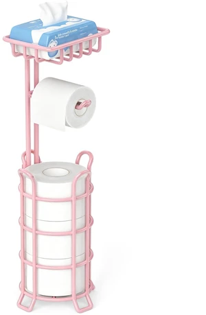 Toilet Paper Holder Free Standing with Shelf, Stable 4 Raised Feet Stores 4 Mega Rolls, Tool-Free Assembly, Powder-Coated Metal Frame, Bathroom Storage Organizer for Spare Rolls, Pink Toilet Paper Holder Free Standing with Shelf, Stable 4 Raised Feet Stores 4 Mega Rolls, Tool-Free Assembly, Powder-Coated Metal Frame, Bathroom Storage Organizer for Spare Rolls, Pink