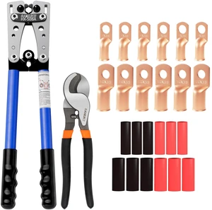Battery Cable Lug Crimper AWG 8-1/0, Wire Cutter&12pcs Ring Terminal Electrical Crimping Tool AWG 8 6 4 2 1 1/0, Heavy Duty 4 AWG & 0 AWG 3/8'' Copper Lugs Set, 3:1 Heat Shrink Tubes for Crimp Battery Cable Lug Crimper AWG 8-1/0, Wire Cutter&12pcs Ring Terminal Electrical Crimping Tool AWG 8 6 4 2 1 1/0, Heavy Duty 4 AWG & 0 AWG 3/8'' Copper Lugs Set, 3:1 Heat Shrink Tubes for Crimp