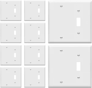 2-Gang Toggle/Blank Combination Wall Plate, White 10-Pack, 4.5" x 4.57" with screws. Fits one toggle switch and safely covers an unused electrical outlet 2-Gang Toggle/Blank Combination Wall Plate, White 10-Pack, 4.5" x 4.57" with screws. Fits one toggle switch and safely covers an unused electrical outlet