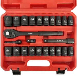 1/2" Drive Master Impact Socket Set, 24-Piece Shallow Standard SAE (7/16-Inch to 1-Inch) & Metric (13-24 mm) Sizes, Socket Assortment with Ratchet HandleCr-V Steel 1/2" Drive Master Impact Socket Set, 24-Piece Shallow Standard SAE (7/16-Inch to 1-Inch) & Metric (13-24 mm) Sizes, Socket Assortment with Ratchet HandleCr-V Steel