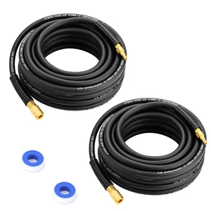 2-Set Hybrid Air Hose, 3/8-Inch by 25 Feet Air compressor Hose,Heavy Duty, Lightweight, Kink Resistant, All-Weather Flexibility with 1/4" Quick Coupler Fittings, Bend Restrictors,300PSI,Black 2-Set Hybrid Air Hose, 3/8-Inch by 25 Feet Air compressor Hose,Heavy Duty, Lightweight, Kink Resistant, All-Weather Flexibility with 1/4" Quick Coupler Fittings, Bend Restrictors,300PSI,Black