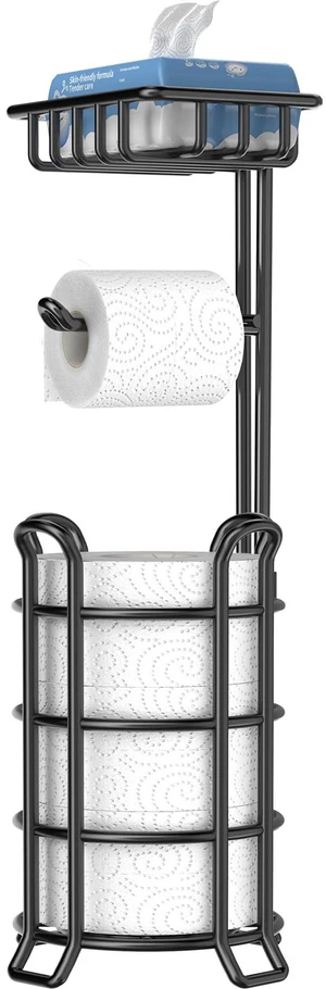 Toilet Paper Holder Free Standing with Shelf, Stable 4 Raised Feet Stores 4 Mega Rolls, Tool-Free Assembly, Powder-Coated Metal Frame, Bathroom Storage Organizer for Spare Rolls, Black Toilet Paper Holder Free Standing with Shelf, Stable 4 Raised Feet Stores 4 Mega Rolls, Tool-Free Assembly, Powder-Coated Metal Frame, Bathroom Storage Organizer for Spare Rolls, Black