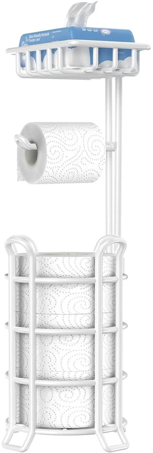 Toilet Paper Holder Free Standing with Shelf, Stable 4 Raised Feet Stores 4 Mega Rolls, Tool-Free Assembly, Powder-Coated Metal Frame, Bathroom Storage Organizer for Spare Rolls, White Toilet Paper Holder Free Standing with Shelf, Stable 4 Raised Feet Stores 4 Mega Rolls, Tool-Free Assembly, Powder-Coated Metal Frame, Bathroom Storage Organizer for Spare Rolls, White