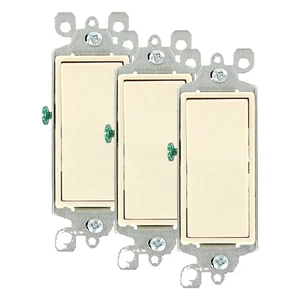 5603-2T 15 Amp, 120/277 Volt, Decora Rocker 3-Way AC Quiet Switch, Residential Grade, Grounding, Light Almond (Pack of 3) 5603-2T 15 Amp, 120/277 Volt, Decora Rocker 3-Way AC Quiet Switch, Residential Grade, Grounding, Light Almond (Pack of 3)
