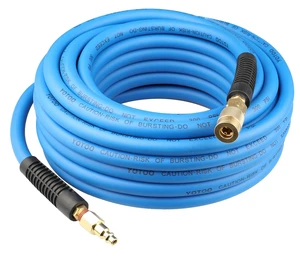 Air Hose 3/8 in x 50 ft, Heavy Duty Hybrid Air Compressor Hose, Flexible, Lightweight, Kink Resistant with 1/4" Industrial Quick Coupler Fittings, Bend Restrictors, Blue Air Hose 3/8 in x 50 ft, Heavy Duty Hybrid Air Compressor Hose, Flexible, Lightweight, Kink Resistant with 1/4" Industrial Quick Coupler Fittings, Bend Restrictors, Blue
