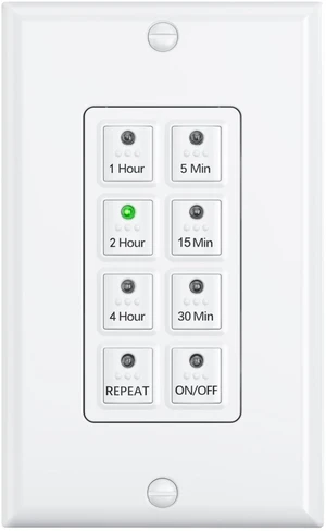 Countdown Bathroom Fan Timer Switch for Exhaust Fan Lights Heaters 5-15-30-60mins, 2-4hours Preset Push Button, Auto Shut Off, 15A, 1/2HP, Neutral Required, Wall Plate Included, White, ETL Countdown Bathroom Fan Timer Switch for Exhaust Fan Lights Heaters 5-15-30-60mins, 2-4hours Preset Push Button, Auto Shut Off, 15A, 1/2HP, Neutral Required, Wall Plate Included, White, ETL