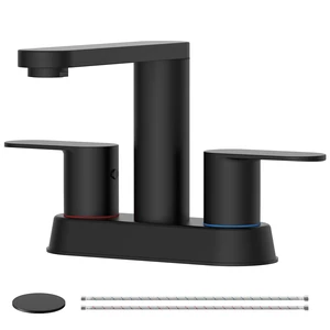 Matte Black Bathroom Faucets 4 Inch Centerset Faucet for Bathroom Sink 2 or 3 Hole Basin 2-Handle 360° Swivel Spout Bathroom Sink Faucet with Pop up Drain Water Supply Hose for Farmhouse Vanity RV Matte Black Bathroom Faucets 4 Inch Centerset Faucet for Bathroom Sink 2 or 3 Hole Basin 2-Handle 360° Swivel Spout Bathroom Sink Faucet with Pop up Drain Water Supply Hose for Farmhouse Vanity RV