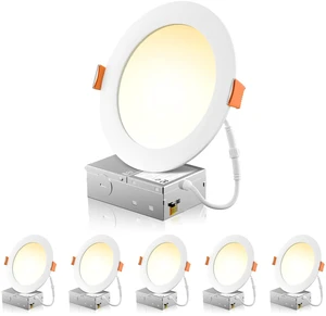 6 Pack 6 Inch LED Recessed Light with Junction Box, 5CCT, 1050LM 12W, 2700K-5000K Selectable, 5%-100% Dimmable, 120V, White, Ultra-Thin Canless Wafer Downlight, ETL, FCC, IC & Damp Rated 6 Pack 6 Inch LED Recessed Light with Junction Box, 5CCT, 1050LM 12W, 2700K-5000K Selectable, 5%-100% Dimmable, 120V, White, Ultra-Thin Canless Wafer Downlight, ETL, FCC, IC & Damp Rated