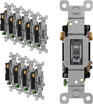 3-Way Illuminated Toggle Light Switch, 15 Amp, 10 Pack Clear toggle lighted switch, gentle orange glow from edges, dark-space navigation, UL Listed, easy to install, versatile use 3-Way Illuminated Toggle Light Switch, 15 Amp, 10 Pack Clear toggle lighted switch, gentle orange glow from edges, dark-space navigation, UL Listed, easy to install, versatile use
