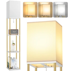 Floor Lamp with Shelves, 3-Tier Square Bookshelf Standing Lamp White & Gold 3 Color Temperature Bulb Included, Pull Chain Mid Century Tall Lamp for Living Room Bedroom Corner Office Apartment Decor Floor Lamp with Shelves, 3-Tier Square Bookshelf Standing Lamp White & Gold 3 Color Temperature Bulb Included, Pull Chain Mid Century Tall Lamp for Living Room Bedroom Corner Office Apartment Decor