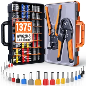 Ferrule Crimping Tool Kit - AWG 28-5 (0.08-16mm²) Self-Adjustable Ratchet Ferrule Crimper with Automatic Wire Stripper and 1375Pcs Single & Twin Ferrules Connectors Ferrule Crimping Tool Kit - AWG 28-5 (0.08-16mm²) Self-Adjustable Ratchet Ferrule Crimper with Automatic Wire Stripper and 1375Pcs Single & Twin Ferrules Connectors