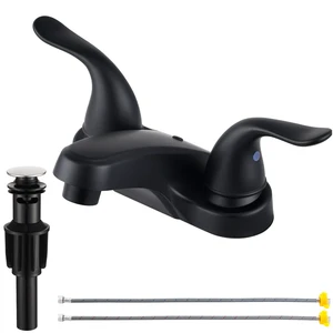 Bathroom Sink Faucets 2/3 Hole,Matte Black Dual Handles 4 inch Plastic Plating Over Bathroom Faucet with Pop-up Drain and 2 Supply Hoses for Apartment Rvs Sink Vanity Bathroom Sink Faucets 2/3 Hole,Matte Black Dual Handles 4 inch Plastic Plating Over Bathroom Faucet with Pop-up Drain and 2 Supply Hoses for Apartment Rvs Sink Vanity
