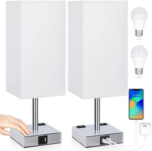 Set of 2 Bedside Table Lamp 3 Way Dimmable Nightstand Lamp with USB C & USB A Charging Port, 2 AC Outlets, 3000K LED Bulbs (White) Set of 2 Bedside Table Lamp 3 Way Dimmable Nightstand Lamp with USB C & USB A Charging Port, 2 AC Outlets, 3000K LED Bulbs (White)