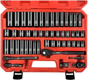50Pcs 3/8" Drive Impact Socket Set, SAE/Metric, Deep/Shallow Sockets, with Adjustable Ratchet Handle, Extension Bar, Universal Joint, Adapter & Reducer, Cr-V Steel,(5/16"-3/4", 8-22mm) 50Pcs 3/8" Drive Impact Socket Set, SAE/Metric, Deep/Shallow Sockets, with Adjustable Ratchet Handle, Extension Bar, Universal Joint, Adapter & Reducer, Cr-V Steel,(5/16"-3/4", 8-22mm)