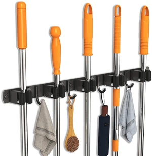 Mop and Broom Holder Wall Mount for Kitchen Garden Laundry Garage Upgraded Broom Organizer Wall Mount, Stainless Steel Broom Hanger Wall Mount, 5 Racks with 4 Hooks, Black Mop and Broom Holder Wall Mount for Kitchen Garden Laundry Garage Upgraded Broom Organizer Wall Mount, Stainless Steel Broom Hanger Wall Mount, 5 Racks with 4 Hooks, Black