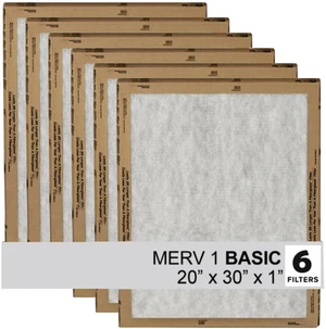 20x30x1 Air Filter, 3M MERV 1 HVAC AC Furnace Filter Replacement, 6-Pack (Actual Size 19.81x29.81x0.88 in) 20x30x1 Air Filter, 3M MERV 1 HVAC AC Furnace Filter Replacement, 6-Pack (Actual Size 19.81x29.81x0.88 in)