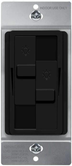 Dual Load LED Dimmer Switch, Single Pole, Black, 1 Pack Dual sliders dim two light loads independently. Dimmable bulbs only: 200W LED/CFL or 300W incandescent/halogen. No neutral Dual Load LED Dimmer Switch, Single Pole, Black, 1 Pack Dual sliders dim two light loads independently. Dimmable bulbs only: 200W LED/CFL or 300W incandescent/halogen. No neutral