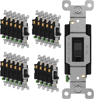 20 Pack Toggle Light Switch, 3-Way Electrical Wall Switch, Black 15 Amp, 120V/277VAC, quiet/smooth toggle action, grounding screw, narrow slim body, UL Listed, easy to install, versatile use 20 Pack Toggle Light Switch, 3-Way Electrical Wall Switch, Black 15 Amp, 120V/277VAC, quiet/smooth toggle action, grounding screw, narrow slim body, UL Listed, easy to install, versatile use
