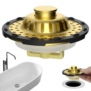Universal Bathtub Drain Stopper All Metal Top Hair Catcher, Brushed Gold Shower Drain Tub Stopper with Stainless Steel Visible Filter Basket, Upgraded 3 in 1 Pop-up Drain Plug for 1.5 to 2.4" Hole Universal Bathtub Drain Stopper All Metal Top Hair Catcher, Brushed Gold Shower Drain Tub Stopper with Stainless Steel Visible Filter Basket, Upgraded 3 in 1 Pop-up Drain Plug for 1.5 to 2.4" Hole