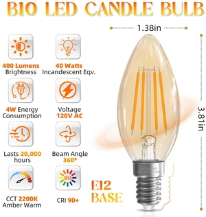 E12 LED Bulb, Candelabra Light Bulbs, 2200K Amber Warm, 24 Pack 40 watt Equivalent, Non-Dimmable Candle Bulb, 400LM, LED Chandelier Light Bulbs for Ceiling Fans, 90+CRI, Amber Glass Finish E12 LED Bulb, Candelabra Light Bulbs, 2200K Amber Warm, 24 Pack 40 watt Equivalent, Non-Dimmable Candle Bulb, 400LM, LED Chandelier Light Bulbs for Ceiling Fans, 90+CRI, Amber Glass Finish