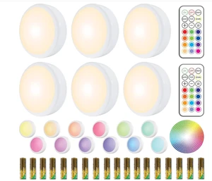 LED Puck Lights with Remote, 6 Pack Color Changing RGBW, Battery Powered Under Cabinet Lighting, Dimmable with Timer & Memory, Stick-On Wireless Light with 18 AA Batteries Included LED Puck Lights with Remote, 6 Pack Color Changing RGBW, Battery Powered Under Cabinet Lighting, Dimmable with Timer & Memory, Stick-On Wireless Light with 18 AA Batteries Included