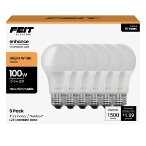 A19 100W Equivalent LED Light Bulbs, Non-Dimmable, 3000k Bright White, 1600 Lumens, 10 Year, E26 Base, CRI 90, UL Listed, Damp Rated, 6 Pack, OM100/930CA10K/6 A19 100W Equivalent LED Light Bulbs, Non-Dimmable, 3000k Bright White, 1600 Lumens, 10 Year, E26 Base, CRI 90, UL Listed, Damp Rated, 6 Pack, OM100/930CA10K/6