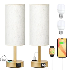 Touch Bedside Table Lamps Set of 2 - Bedroom Lamp with USB A+C, AC Outlet 3-Way Dimmable, LED Bulb Included, Linen-Texture Fabric Lampshade, Matte Gold Metal Base, 14" Small Nightstand Lamp for Dorm Touch Bedside Table Lamps Set of 2 - Bedroom Lamp with USB A+C, AC Outlet 3-Way Dimmable, LED Bulb Included, Linen-Texture Fabric Lampshade, Matte Gold Metal Base, 14" Small Nightstand Lamp for Dorm