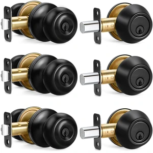 3 Sets Entry Door Knob and Single Cylinder Deadbolt Combo Set, Keyed Alike Round Ball Matte Black Interior/Exterior Door Knobs with Lock and Keys for Entrance, Front Door and Indoor Door 3 Sets Entry Door Knob and Single Cylinder Deadbolt Combo Set, Keyed Alike Round Ball Matte Black Interior/Exterior Door Knobs with Lock and Keys for Entrance, Front Door and Indoor Door