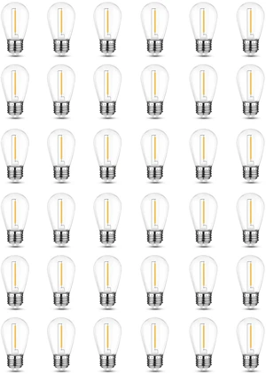 36 Pack Shatterproof Outdoor String S14 Replacement Bulb, 1W,2700K Waterproof, LED Energy Efficient, Dimmable, E26 Base, Equal to 11W Incandescent Bulb, Warm White, Not Solar String Compatible 36 Pack Shatterproof Outdoor String S14 Replacement Bulb, 1W,2700K Waterproof, LED Energy Efficient, Dimmable, E26 Base, Equal to 11W Incandescent Bulb, Warm White, Not Solar String Compatible