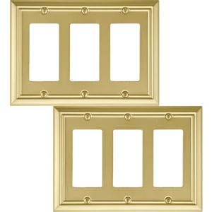 Triple Decorator Light Switch Cover Adler Metal Wall Plate, 2-Pack Brushed Brass 3 Gang Triple Rocker, for Receptacle Dimmer Switch GFCI Outlet Decorative Wallplate, Durable Triple Decorator Light Switch Cover Adler Metal Wall Plate, 2-Pack Brushed Brass 3 Gang Triple Rocker, for Receptacle Dimmer Switch GFCI Outlet Decorative Wallplate, Durable