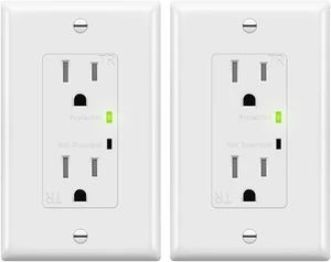 Surge Protector Outlet, Tamper-Resistant, 15A 125V, 2-Pack 900-joule surge protection, grounding indicator light, self-grounding, child safe, UL Listed Surge Protector Outlet, Tamper-Resistant, 15A 125V, 2-Pack 900-joule surge protection, grounding indicator light, self-grounding, child safe, UL Listed