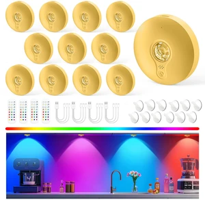 Rechargeable Puck Lights with Remote, 12 Pack Magnetic Under Cabinet Lighting, 1500mAh Battery Operated LED Tap Lights with Dimmer & Timmer for Kitchen, Closet, Shelf - 3 Color Temps & 12 RGB, Gold Rechargeable Puck Lights with Remote, 12 Pack Magnetic Under Cabinet Lighting, 1500mAh Battery Operated LED Tap Lights with Dimmer & Timmer for Kitchen, Closet, Shelf - 3 Color Temps & 12 RGB, Gold