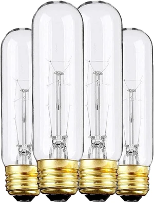Edison Light Bulbs,120V, E26 Base, T10 Tubular Bulbs, 25W Clear Incandescent, Warm White, Dimmable Vintage Tubular Style Showcase Bulb (4-Pack) Edison Light Bulbs,120V, E26 Base, T10 Tubular Bulbs, 25W Clear Incandescent, Warm White, Dimmable Vintage Tubular Style Showcase Bulb (4-Pack)