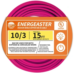 Solid Indoor 10/3 NM-B Copper Cable with Ground 15FT, Pink 15FT NMB Cable 10 Gauge Wire 3 Conductors 600V Bare Copper Non-Metallic Sheathed Solid Indoor Residential Wire, UL Listed Solid Indoor 10/3 NM-B Copper Cable with Ground 15FT, Pink 15FT NMB Cable 10 Gauge Wire 3 Conductors 600V Bare Copper Non-Metallic Sheathed Solid Indoor Residential Wire, UL Listed