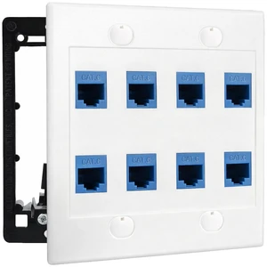 8 Port Ethernet Wall Plate, Cat 6, Double Gang, RJ45 Female to Female Keystone Jacks - White 8 Port Ethernet Wall Plate, Cat 6, Double Gang, RJ45 Female to Female Keystone Jacks - White
