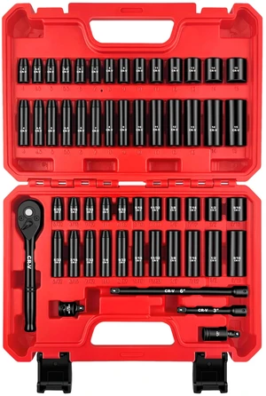 55-Piece 1/4" Drive Impact Socket Set, SAE/Metric, Deep/Shallow, Cr-V Steel, 6 Point, (5/32"-9/16", 4-15mm) Sockets with Ratchet Handle, Extension bar, Adapter and Universal Joint 55-Piece 1/4" Drive Impact Socket Set, SAE/Metric, Deep/Shallow, Cr-V Steel, 6 Point, (5/32"-9/16", 4-15mm) Sockets with Ratchet Handle, Extension bar, Adapter and Universal Joint