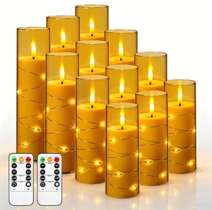 12 Pack Champagne Flameless Taper Candles, Flickering Black Wick LED Candles with Copper Wire Lights, Heat Resistant ABS with 2 Remotes, Assorted Sizes for Indoor Outdoor Decor 12 Pack Champagne Flameless Taper Candles, Flickering Black Wick LED Candles with Copper Wire Lights, Heat Resistant ABS with 2 Remotes, Assorted Sizes for Indoor Outdoor Decor