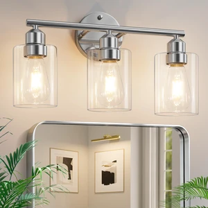 3-Light Bathroom Vanity Light Fixture,Silver,17.3" Modern Wall Lamp for Mirror, Clear Glass Shade 3-Light Bathroom Vanity Light Fixture,Silver,17.3" Modern Wall Lamp for Mirror, Clear Glass Shade